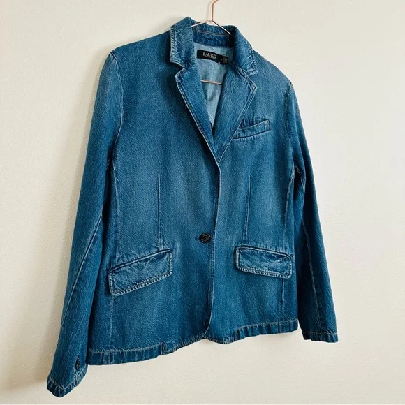 Ralph Lauren Casual Blue Cotton Denim One Button Notch Collar Blazer Jacket - Picture 13 of 16